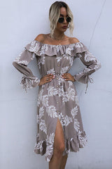 Boho Midi Dress, Off Shoulder Dress, Fall Leaf in Coffee Brown