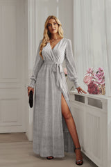 V-Neck Long Sleeve Wrap Belted Slit Maxi Sequins Dress