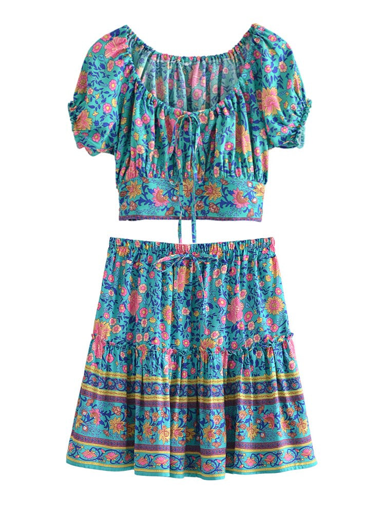 Boho Two Piece Set, Two Piece Skirt Set, Wild Floral in Navy