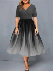 New Gradient Print Party Dress Short-sleeved V-neck A-line Dress Large Hem Elastic Waist Mid-length Dresses Women