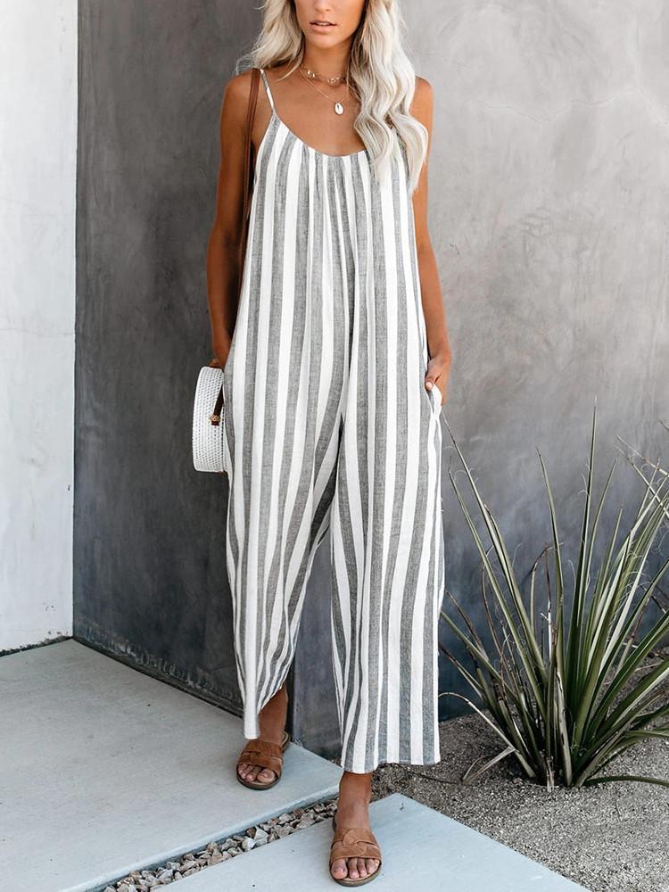 Pocket Suspender Striped Straight-leg Jumpsuit