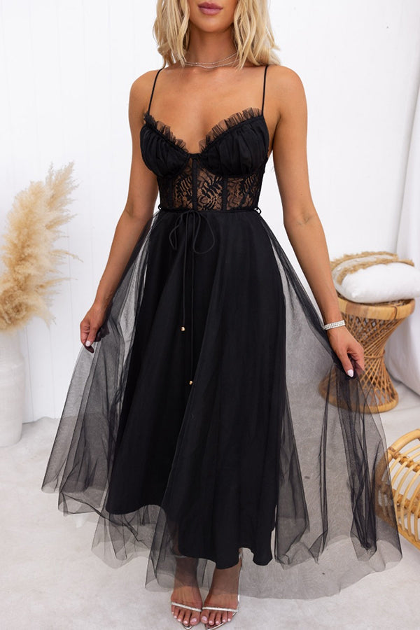 Carrie In Paris Tulle Lace Suspenders Party Maxi Dress