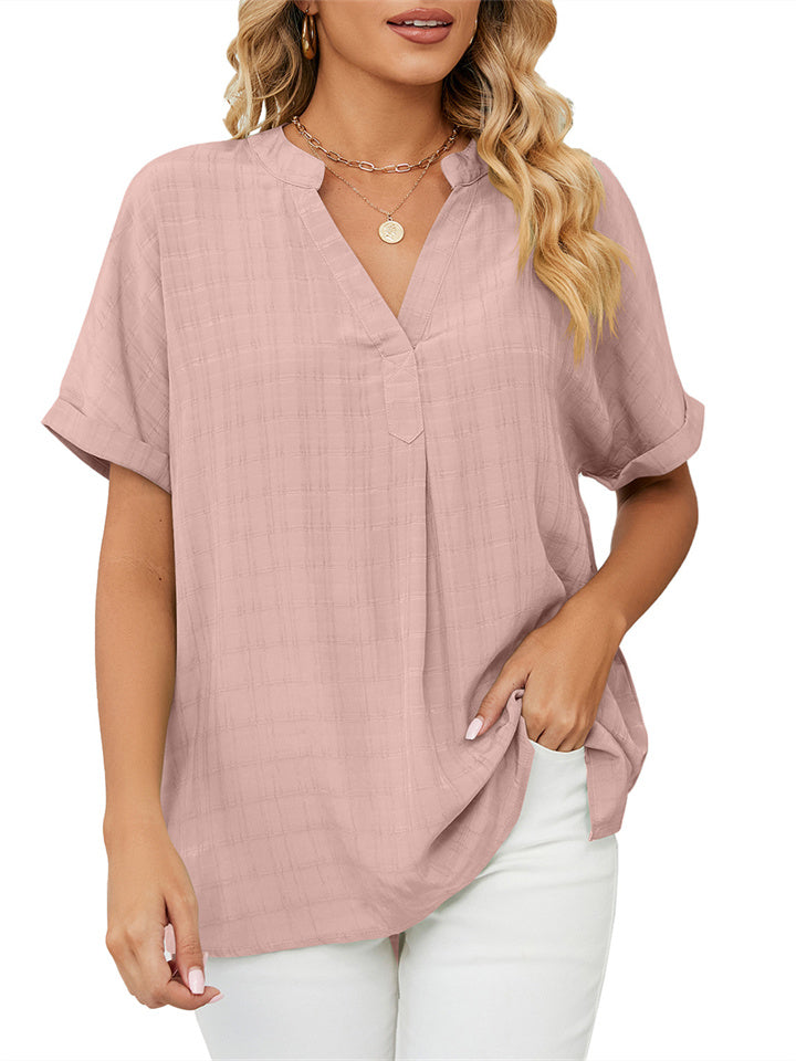 New Thin Section V-neck Casual Set Head Solid Color Loose Temperament Commuter Three-quarter Sleeve Shirt Comfortable Casual Tops Female