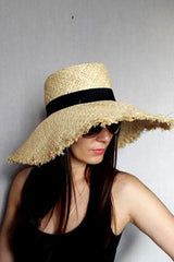 Boho Hat, Sun Hat, Beach Hat, Wide Brim Hat , Straw Hat, Black Bow