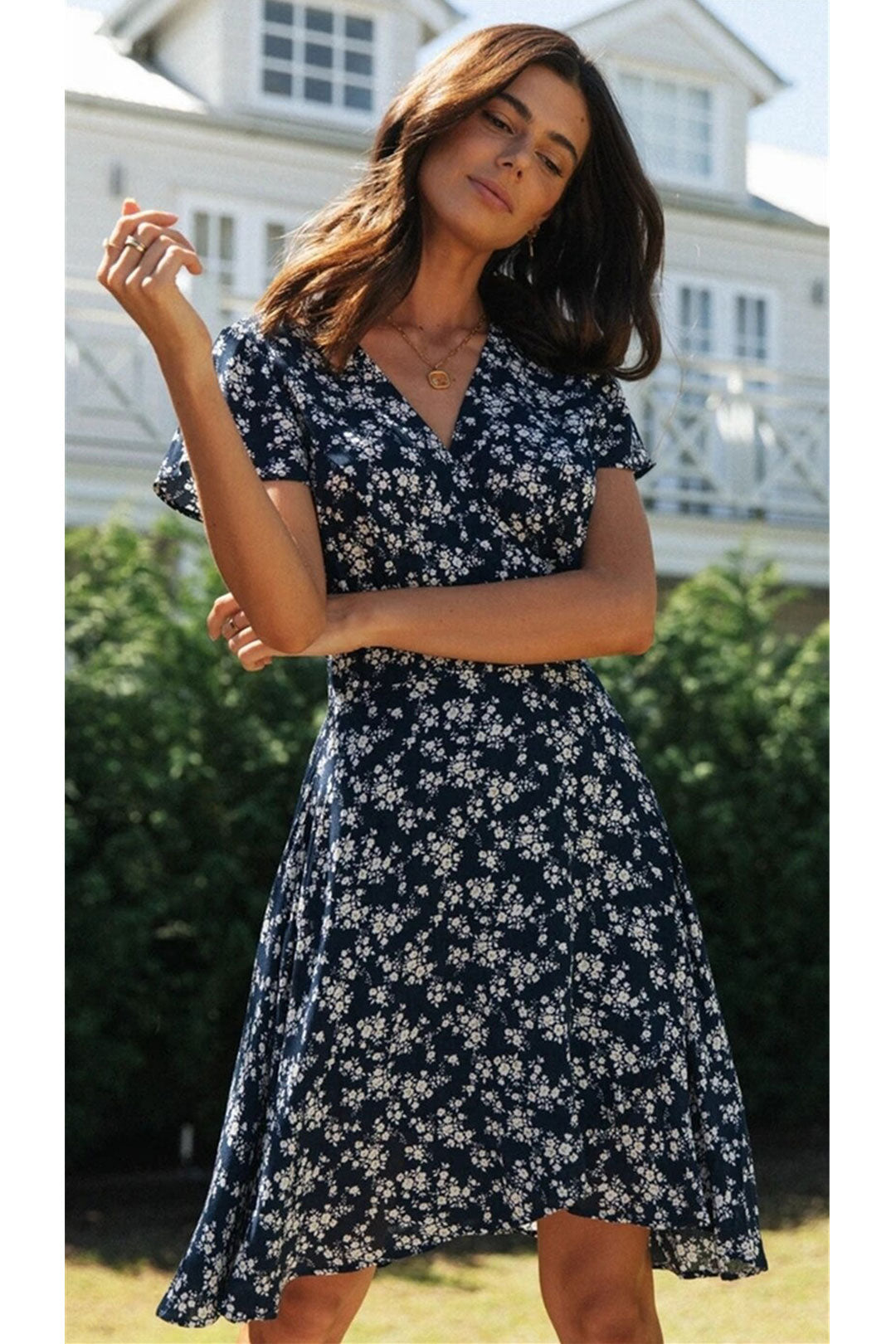 Boho Midi Dress, Little Flower in Navy