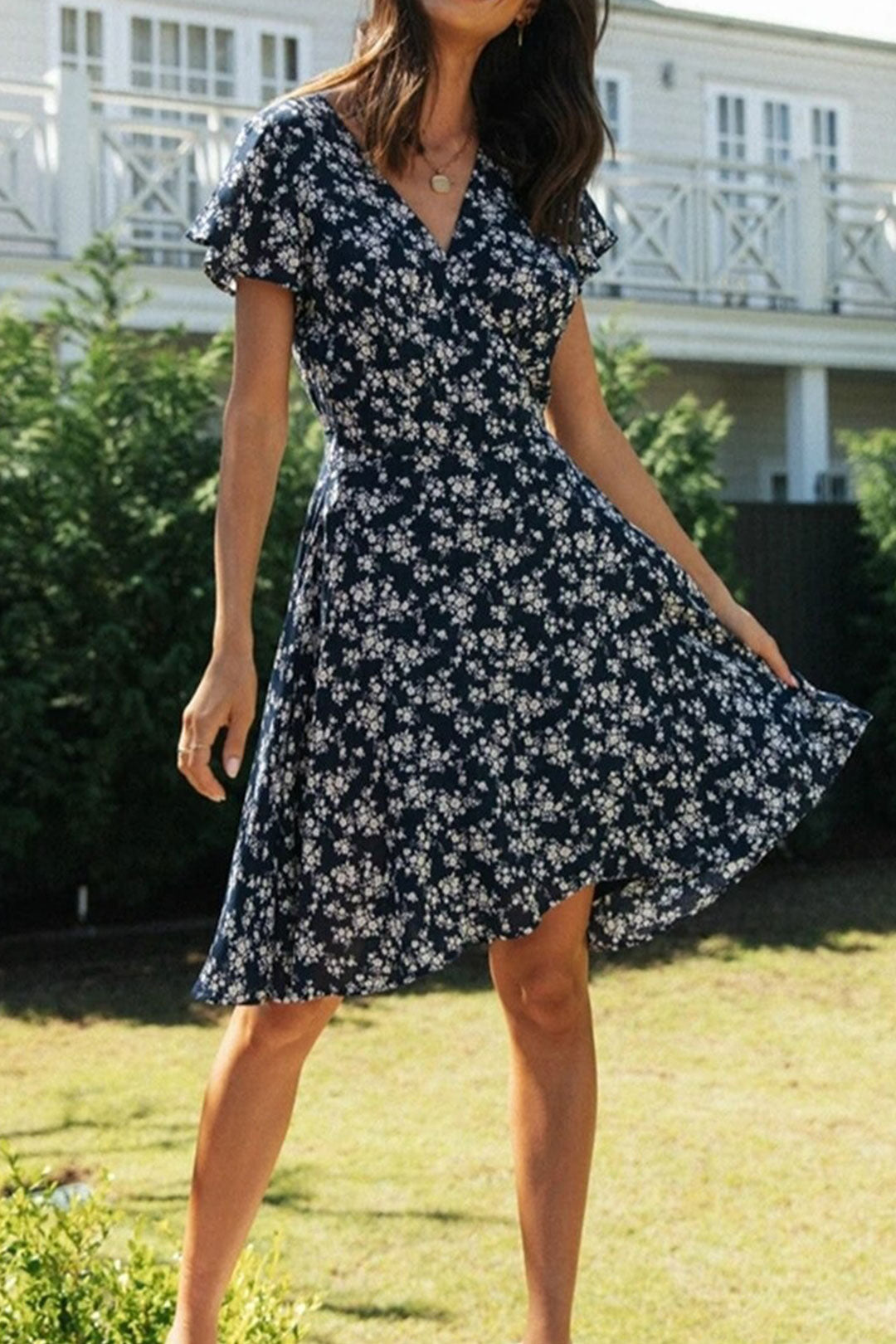 Boho Midi Dress, Little Flower in Navy