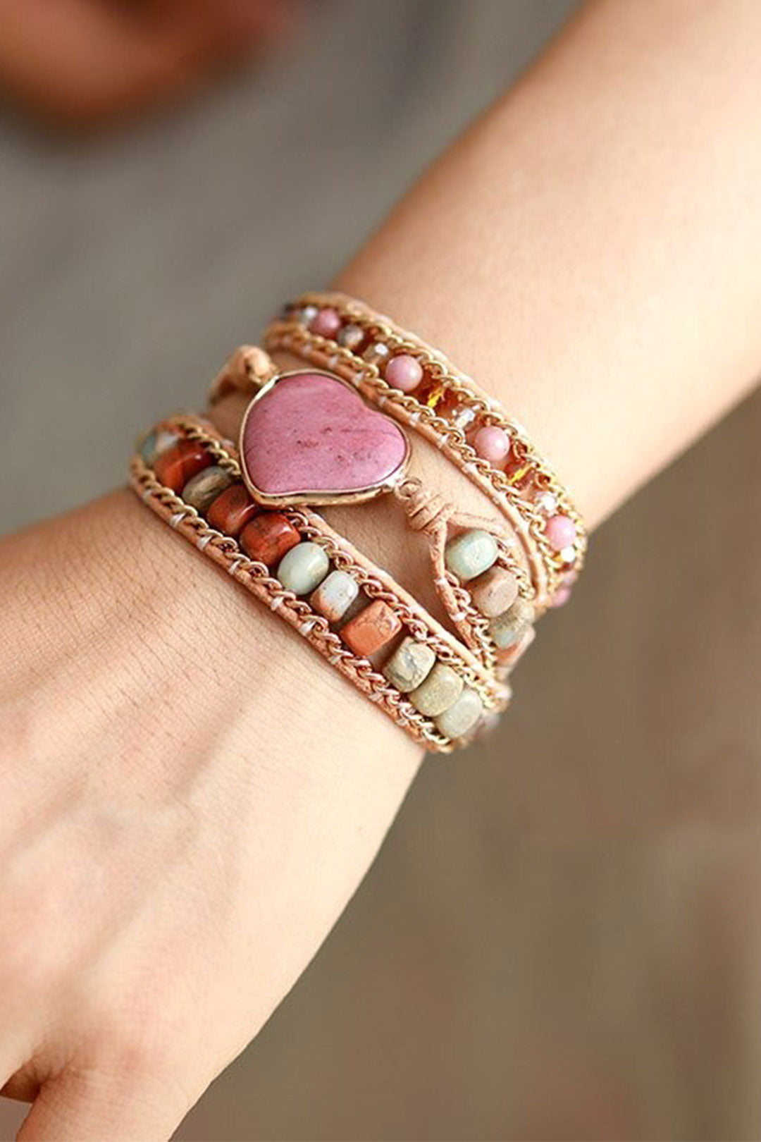 Boho Bracelet, 3 Layers Leather Wrap Bracelet, Jasper Rhodonite Heart