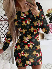 Fashion Round Neck Long Sleeve Print Mini Dress