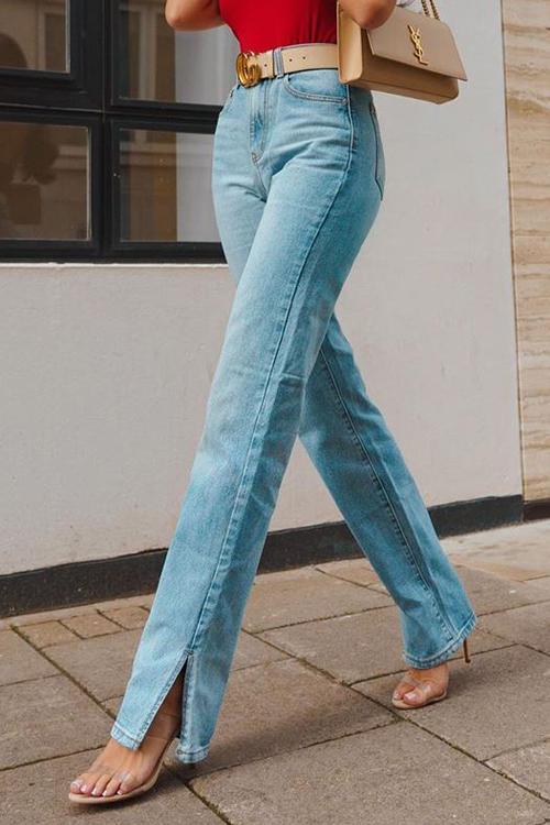 High Waist Ripped Slit Jeans