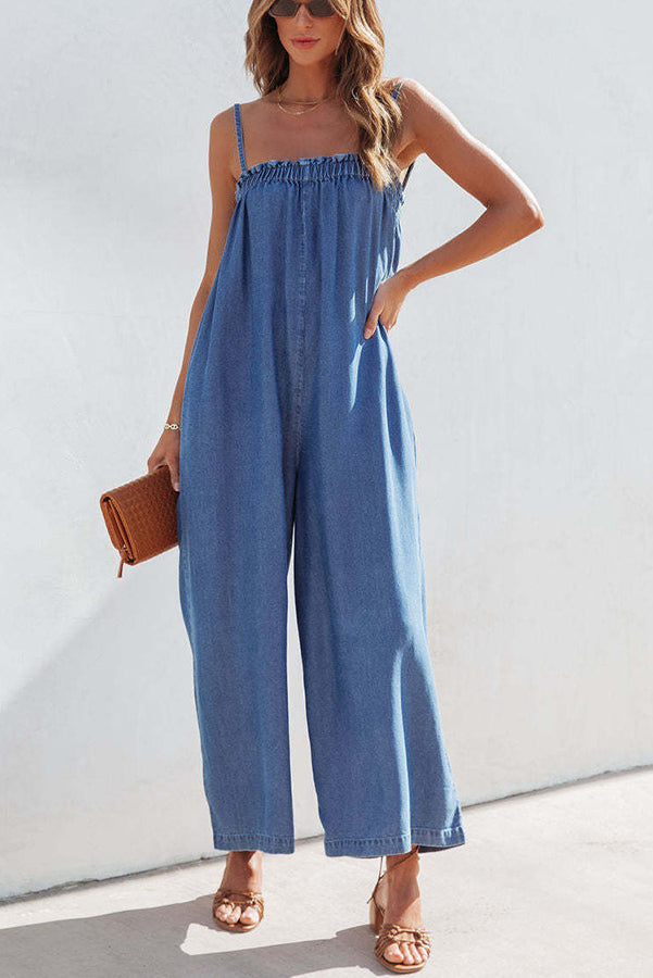 True To You Denim Pocketed Wide Leg Jumpsuit