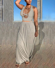 Solid Criss Cross Backless Halter Crop Top & Skirt Set
