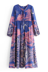 Gown Dress, Boho Maxi Dress, Loose Dress, Blue Eclipse Flower