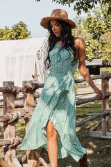 Boho Midi Dress, Strappy Sundress, Devika Green Polka Dot