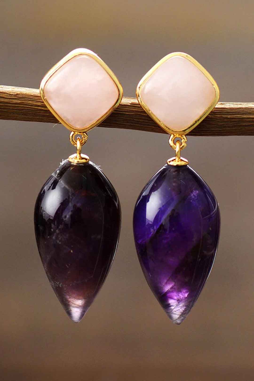 Boho Earrings, Dangle Earrings, Rose Quart Amethysts Teardrop Dangle Earring