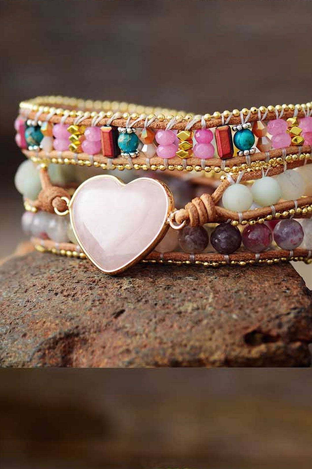 Boho Bracelet, 3 Layers Leather Wrap Bracelet, Tourmaline Rose Heart