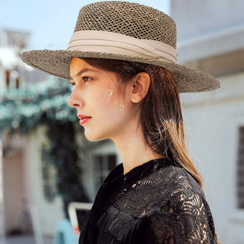 Boho Hat, Sun Beach Hat,  Panama Seagrass Sun Hat, Carolina with Pink Ribbon