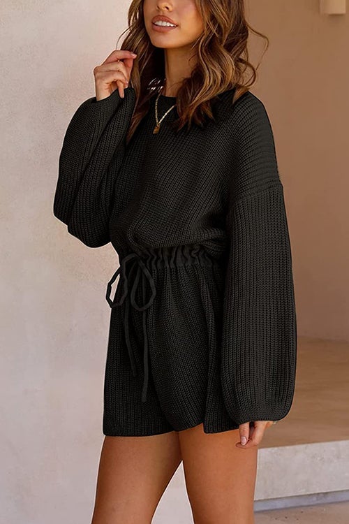 O Neck Puff Long Drawstring Sweater Romper