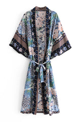 Boho Robe, Kimono Robe,  Beach Cover up, Blue Flamingo