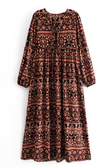 Gown Dress, Boho Maxi Dress, Loose Dress, India Flower Tribal Brown