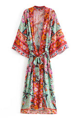 Boho Robe, Kimono Robe,  Beach Cover up, Peony Green Red