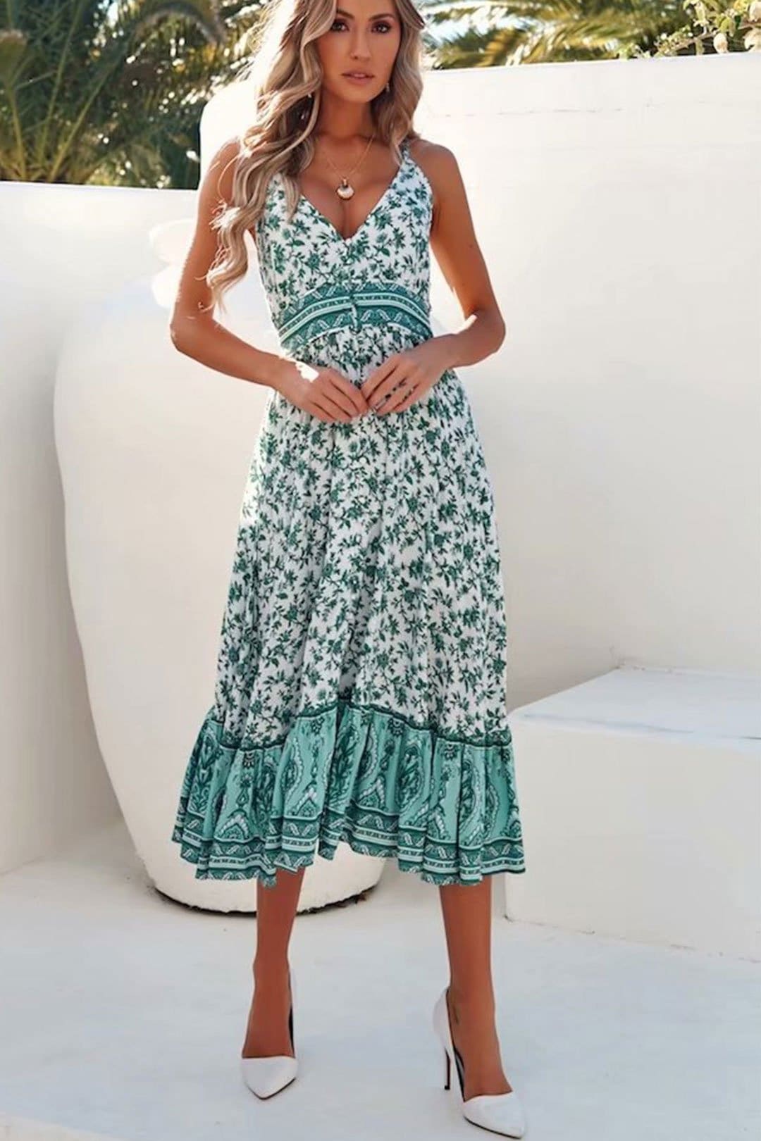 Boho Midi Dress, Strappy Fresh Mint Green