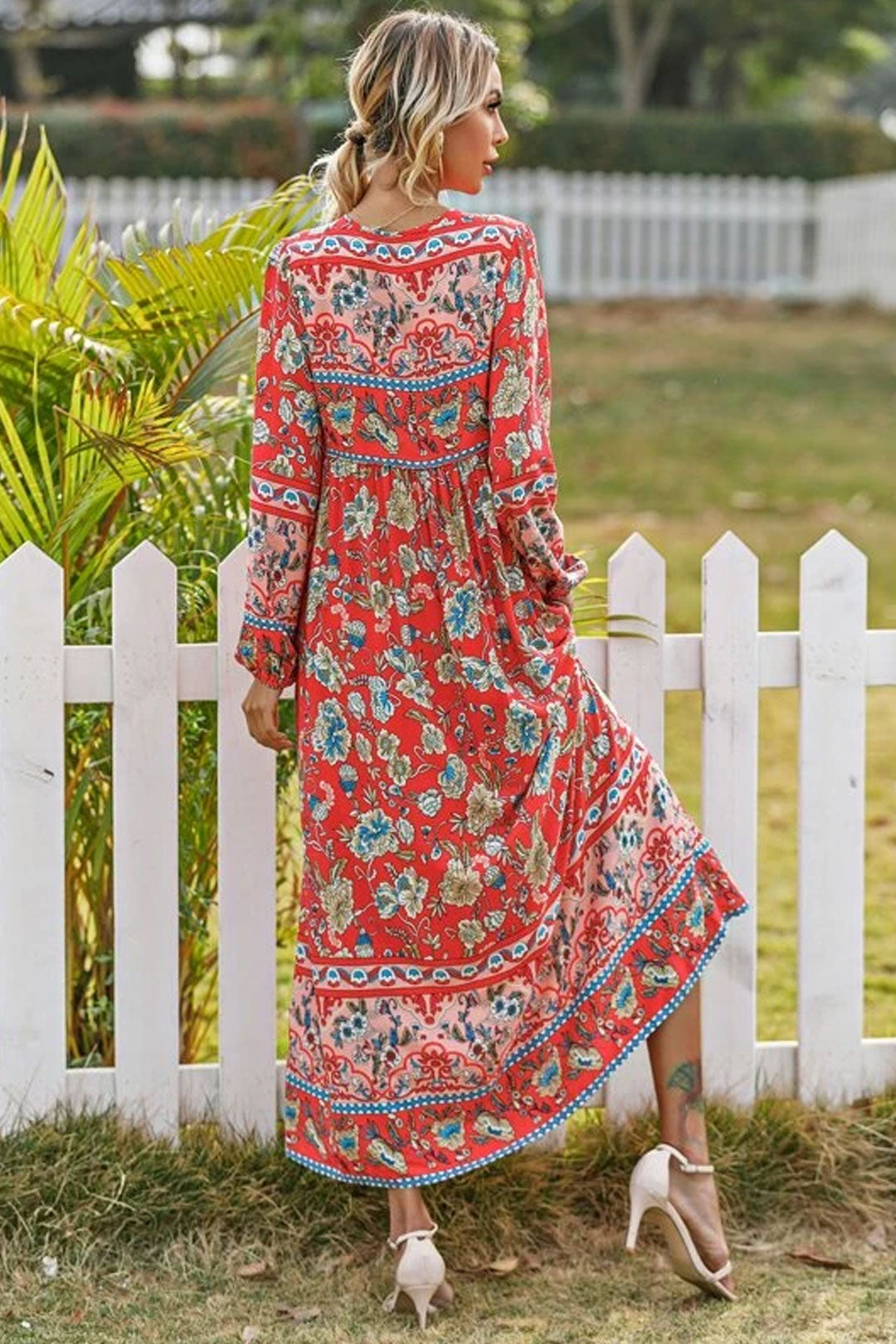 Gown Dress, Boho Maxi Dress, Loose Dress, Red India Flower