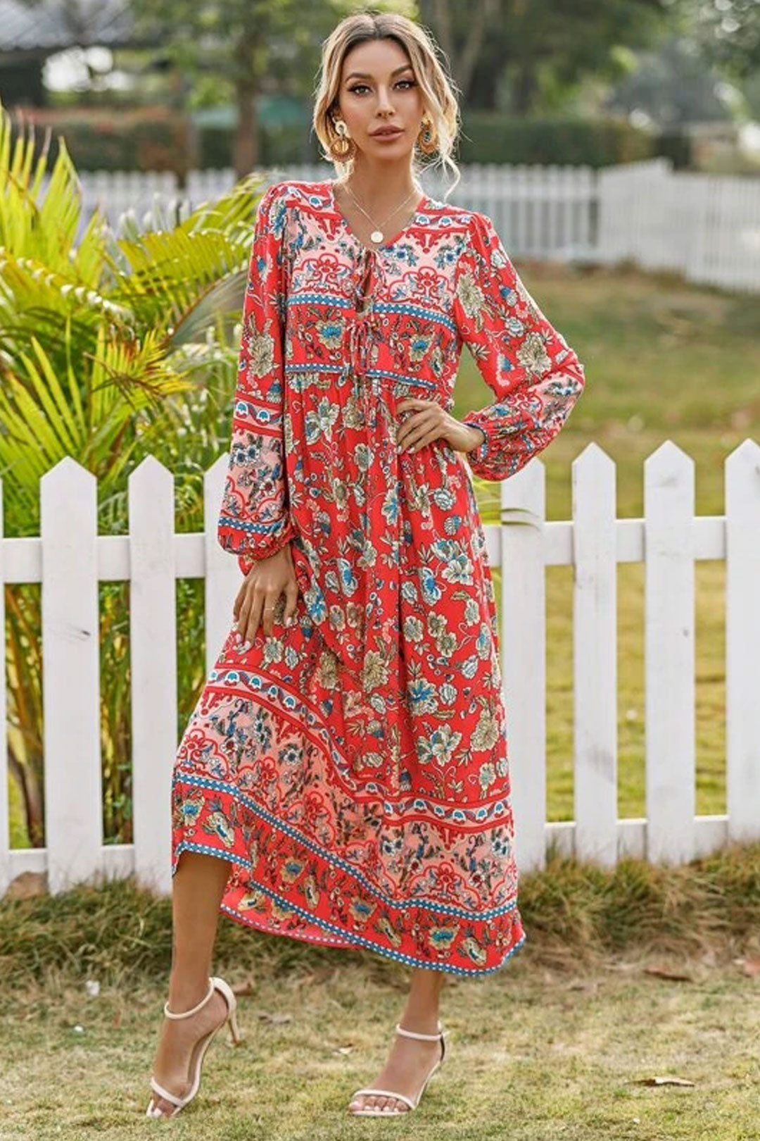 Gown Dress, Boho Maxi Dress, Loose Dress, Red India Flower