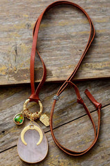 Boho Necklace, Rose Quartzs Opal Horseshoe Evil Eye Charms Leather Pendant Neckles