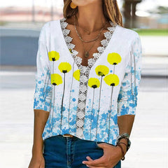Deep V-Neck Floral Print Long Sleeve Blouse Top