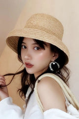 Boho Hat, Beach Hat, Rafia Hat, Vintage Bucket Hat, Beige and Black Ribbon