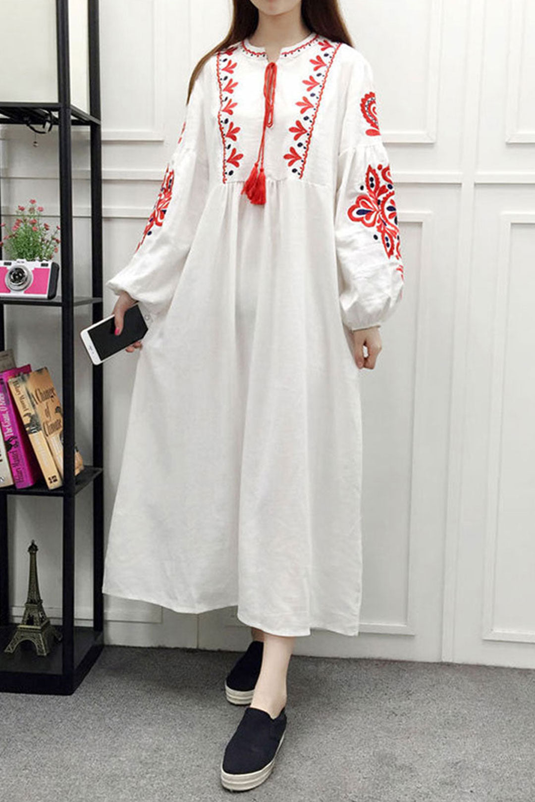 Gown Dress, Boho Maxi Dress, Loose Dress, White and Navy Cotton Tapestry