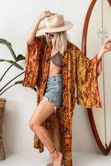 Boho Robe, Kimono Robe,  Beach Cover up, Feather Paisley in Brown