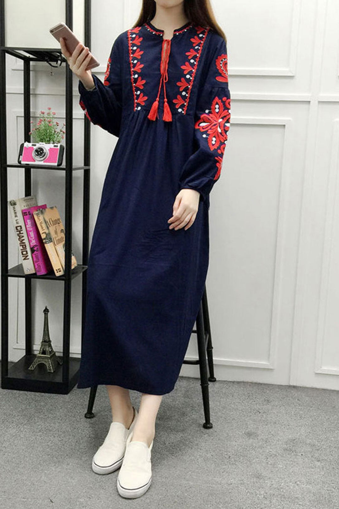 Gown Dress, Boho Maxi Dress, Loose Dress, White and Navy Cotton Tapestry