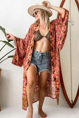Boho Robe, Kimono Robe,  Beach Cover up, Feather Paisley in Pink