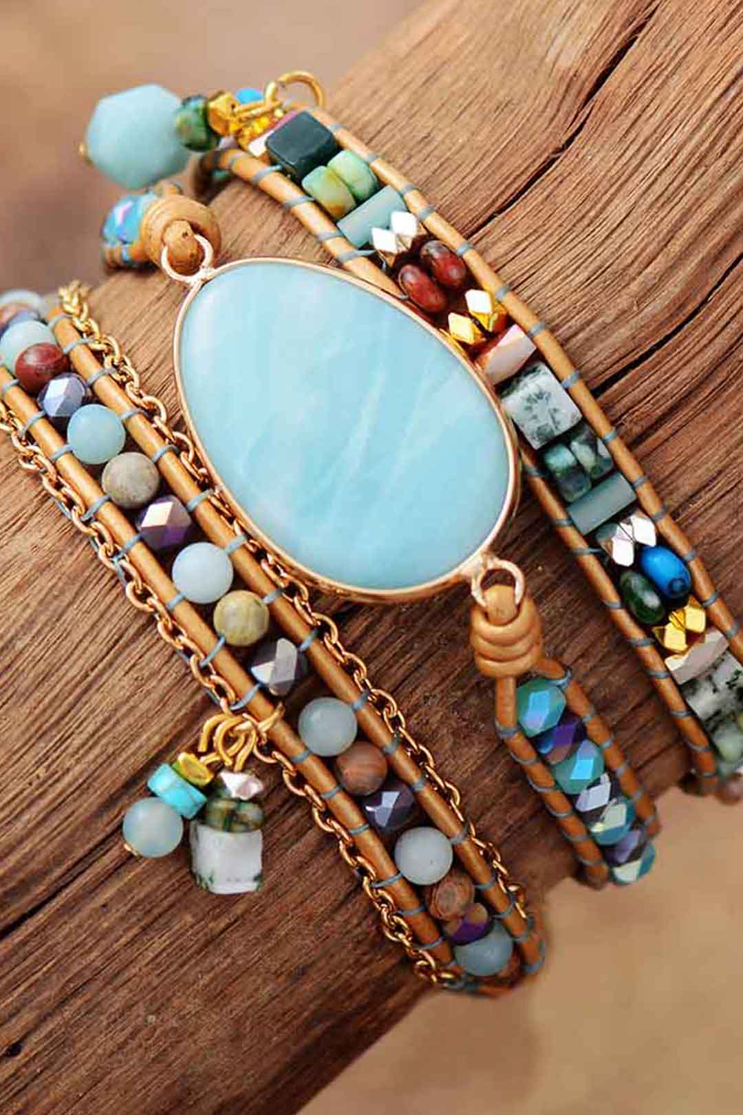 Boho Bracelet, 3 Layers Leather Wrap Bracelet, Ava Amazonite Beaded