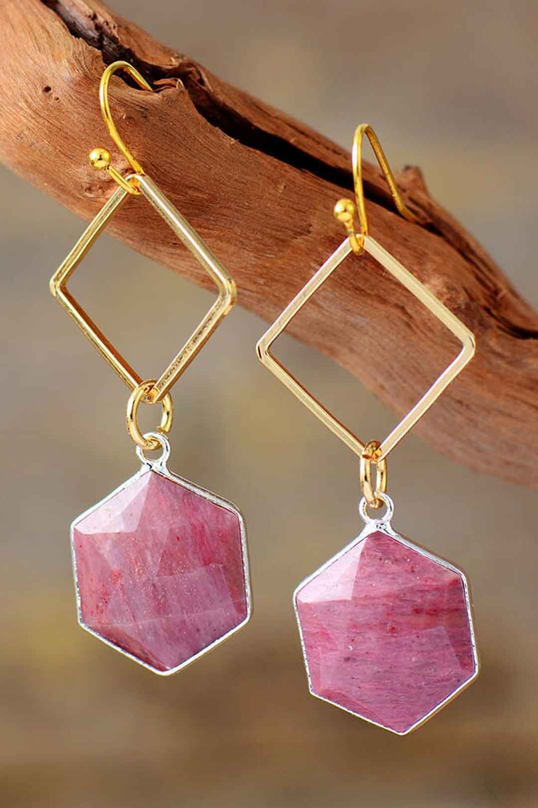 Boho Earrings, Dangle Earrings, Rhodonite Hexagon