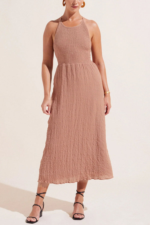 Sailor Linen Blend Smocked Back Lace-up Midi Dress