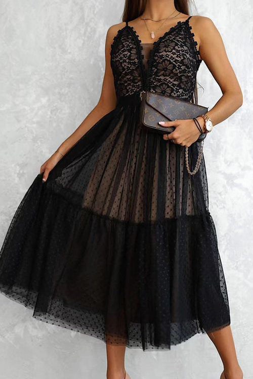 V Neck Polka Dot Lace Mesh Slip Dress