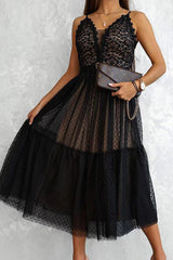 V Neck Polka Dot Lace Mesh Slip Dress