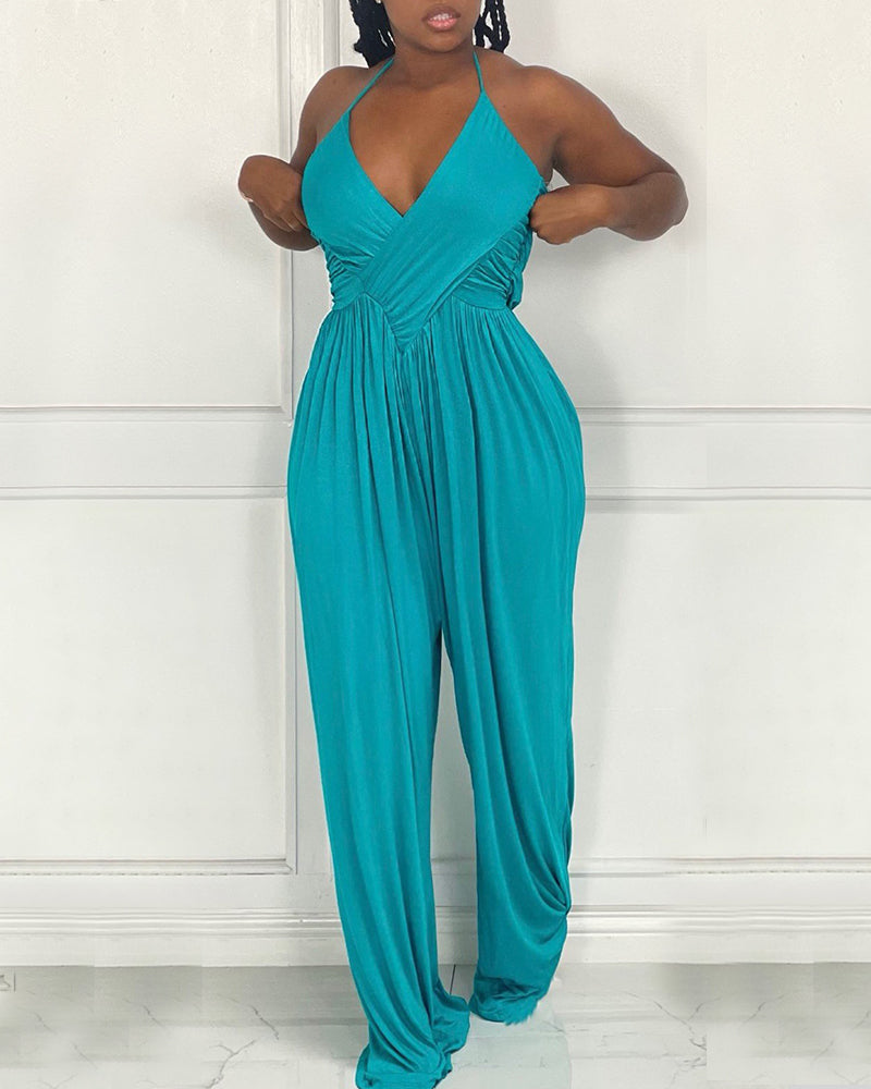 Overlap Ruched Backless Wide Leg Halter Jumpsuit