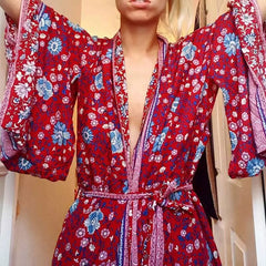 Boho Robe, Kimono Robe,  Beach Cover up, Red Wild Flower