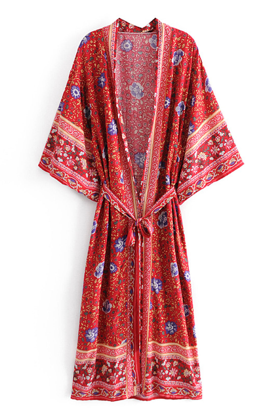 Boho Robe, Kimono Robe,  Beach Cover up, Red Wild Flower