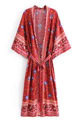 Boho Robe, Kimono Robe,  Beach Cover up, Red Wild Flower