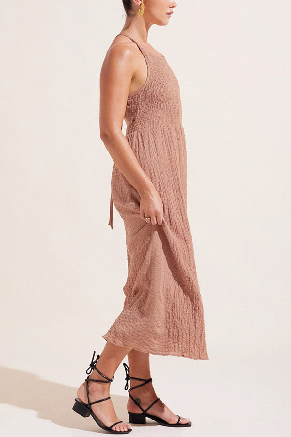 Sailor Linen Blend Smocked Back Lace-up Midi Dress