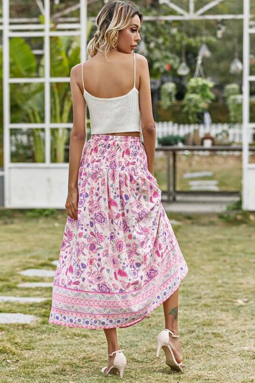 Boho Skirt, Hippie Skirts, Maxi Skirt, Smocked Waist, Bird Garden in Pink Purple