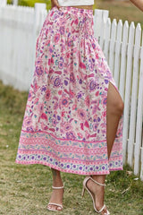 Boho Skirt, Hippie Skirts, Maxi Skirt, Smocked Waist, Bird Garden in Pink Purple