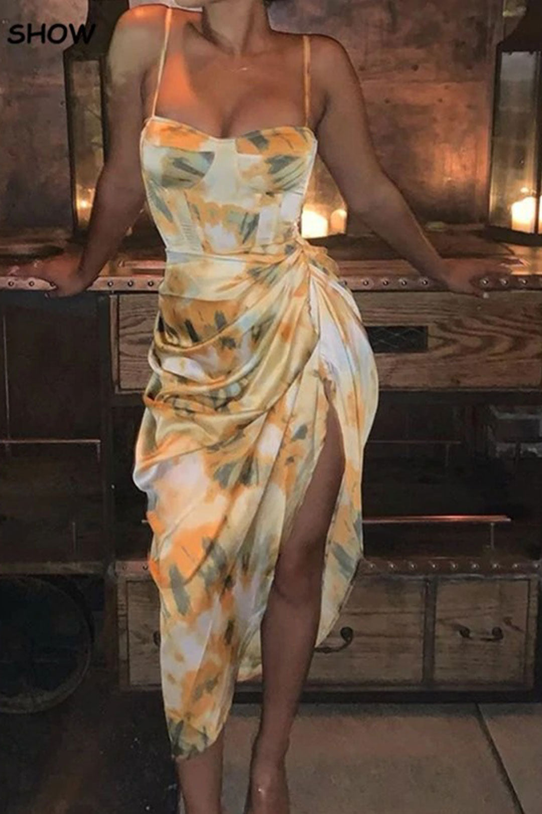 Boho Midi Dress, Strappy, Yellow Blue Neon