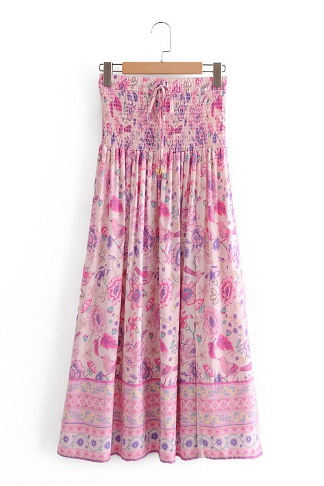 Boho Skirt, Hippie Skirts, Maxi Skirt, Smocked Waist, Bird Garden in Pink Purple