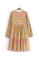 Boho Mini Dress Tunic Dress, Green Capucine Daylily
