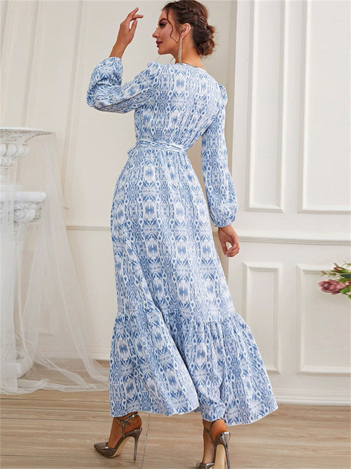 Women's Spring and Summer New Fashion Round Neck Gradient Color Long-sleeved French Oversized Hem Dress High Waist Dress